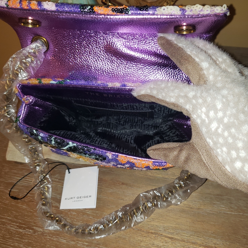 Kurt Geiger Purple Sequin Floral Crossbody Bag w/ Lock & Dusty - NWT! - Picture 7 of 12